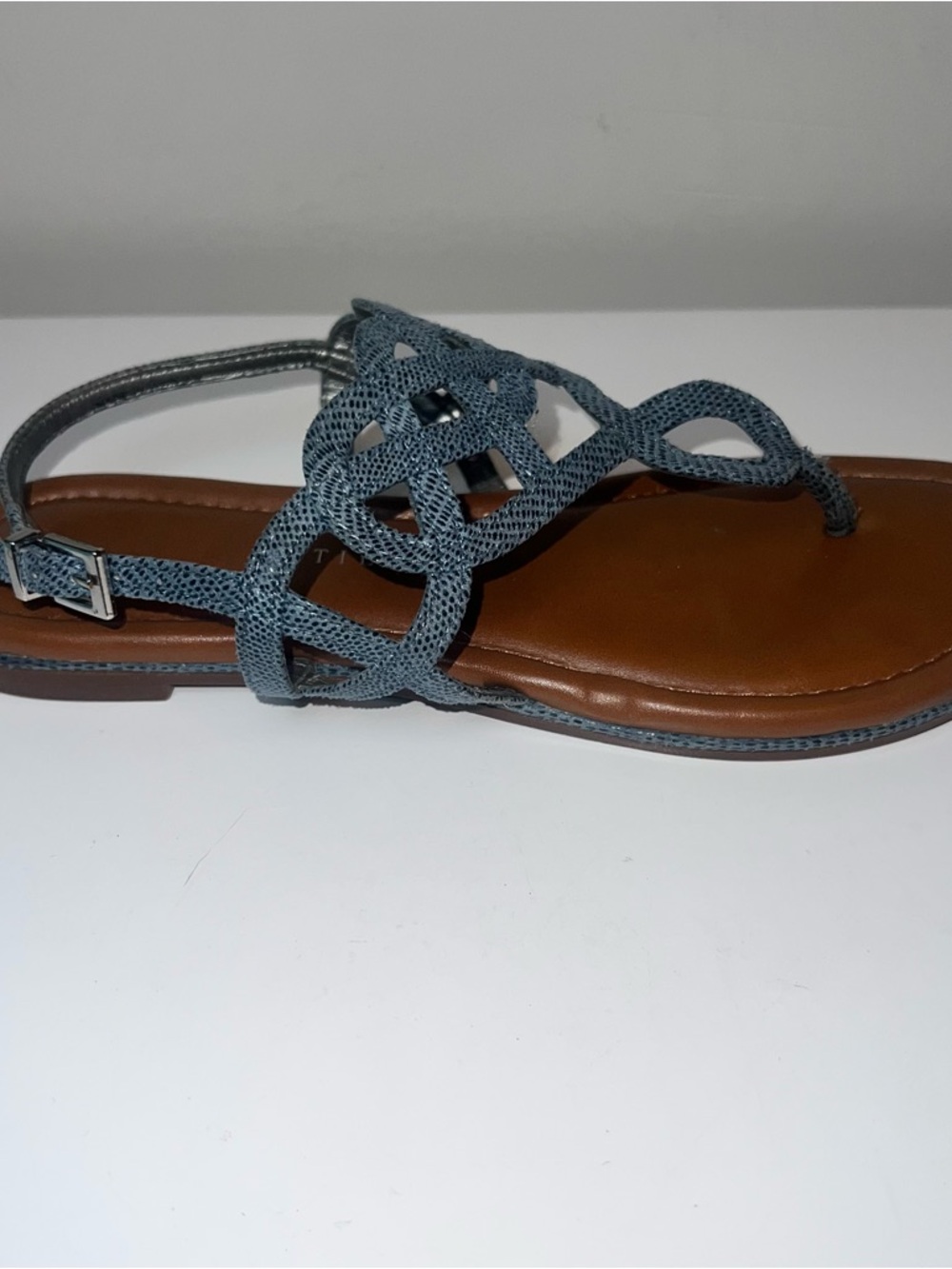 Kelly & Katie Woven Strap Women's Flat Sandals in Light Blue and Brown - Picture 9 of 13